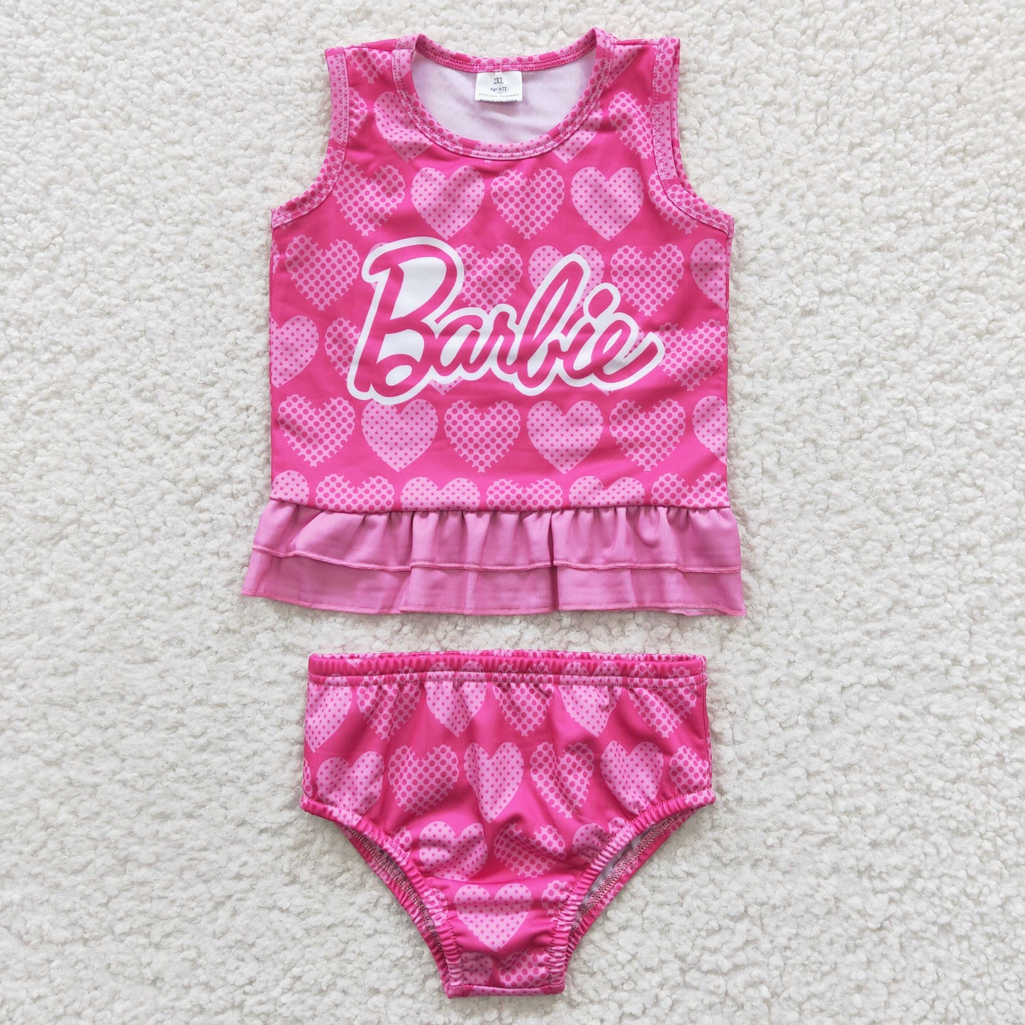 GBO0077 Baby Girl Pink Doll Heart Summer Swimsuit Outfit