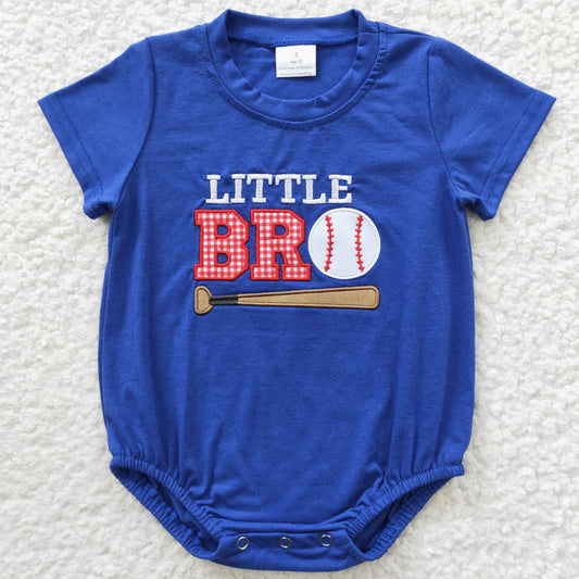 SR0291 Baby Boy Little Brother Baseball Summer Embroidery Blue Romper