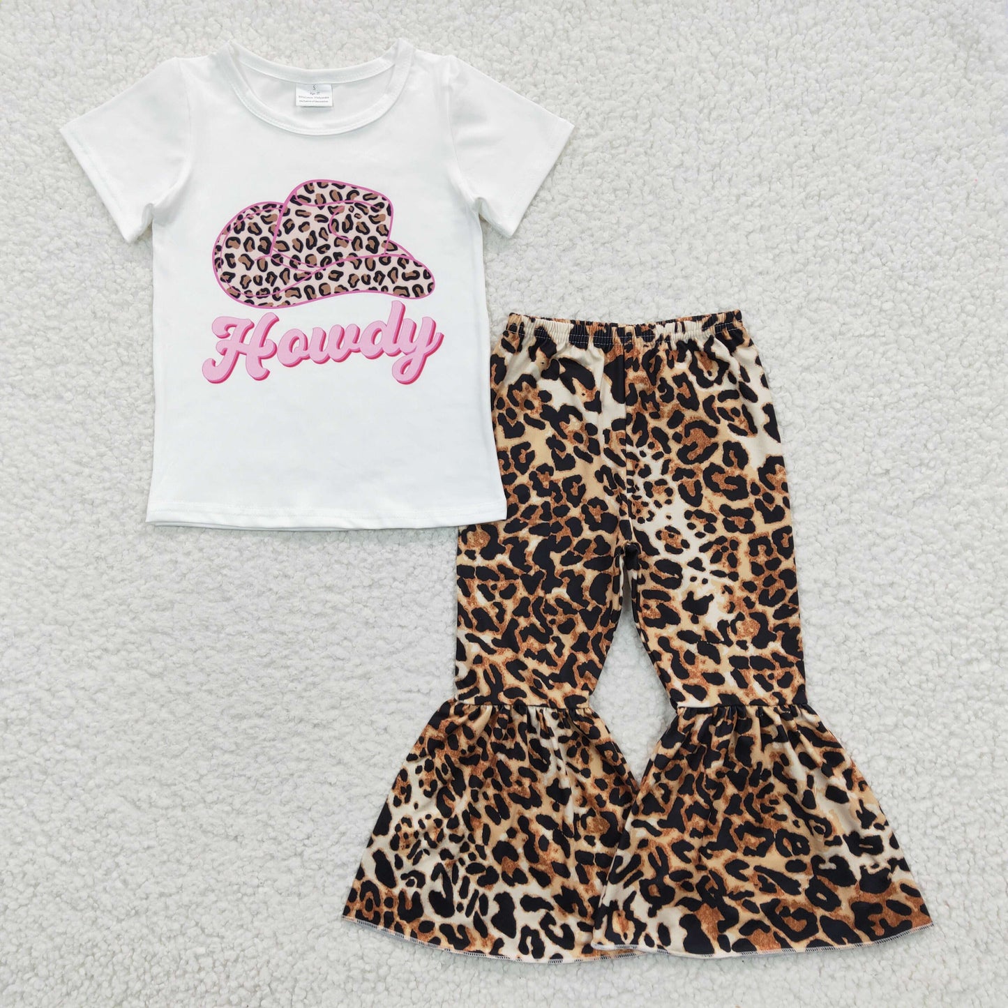 Baby Girl Western Short Sleeves Howdy Hat Shirt Leopard Bell Pants Oufit