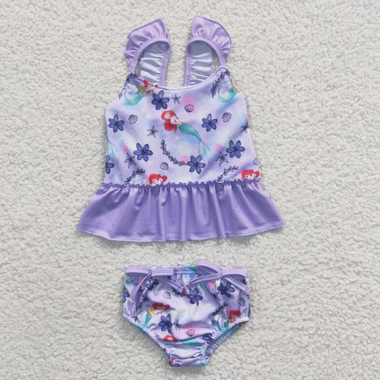 S0037 Baby Girl Princess Floral Swimsuit Summer Purple Outfit