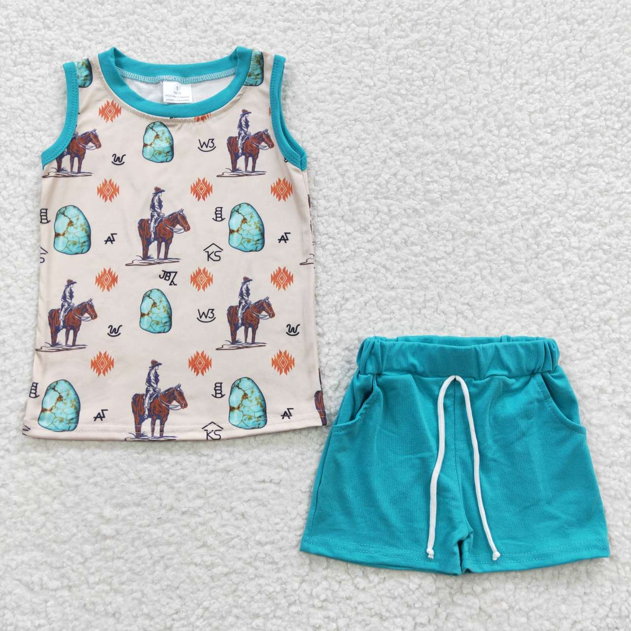 BSSO0208 Baby Boy Western Horse Tank Shirt Shorts Summer Outfit