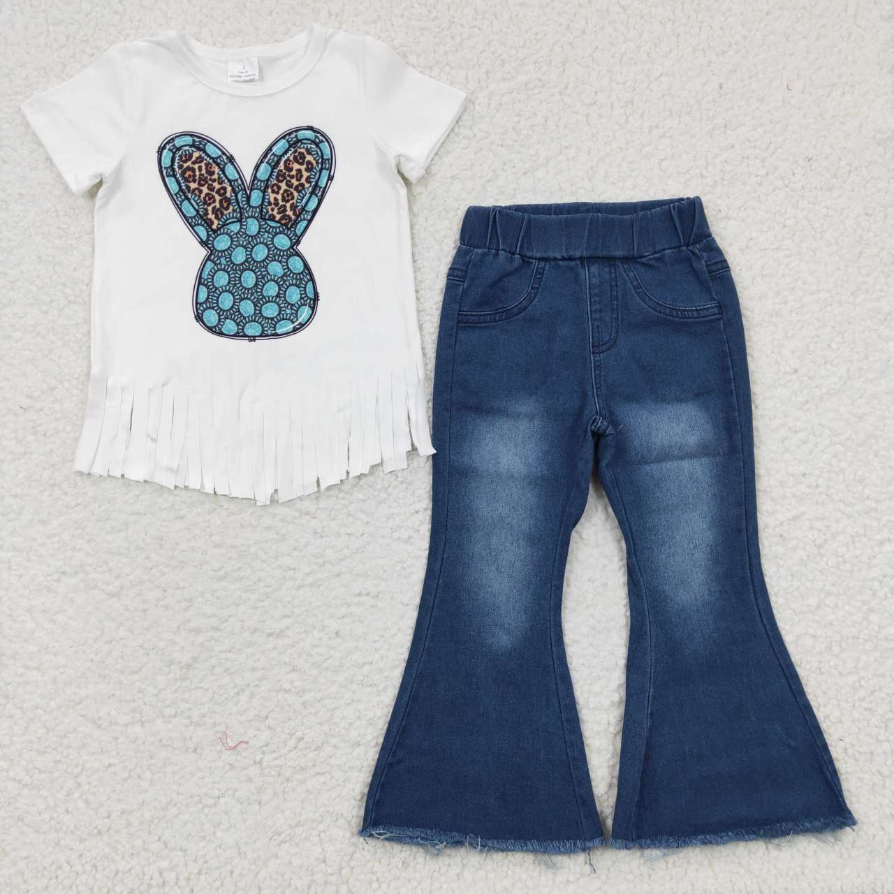Baby Girl Easter Leopard Rabbit Short Sleeves Tassel Shirt Denim Pants Jeans Outfit