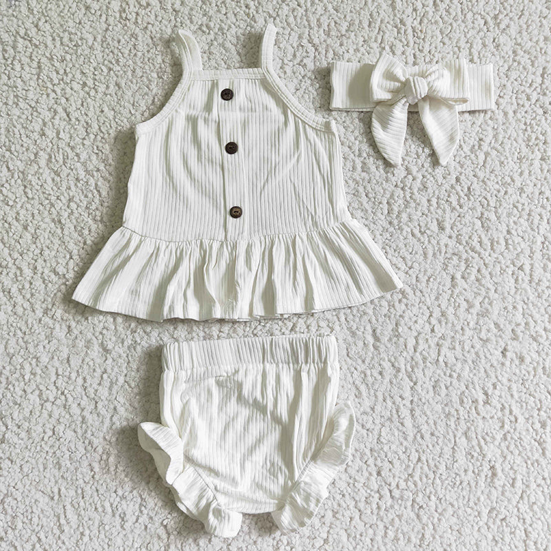GBO0055 Baby Girl White Cotton + Headband Bummies Outfit