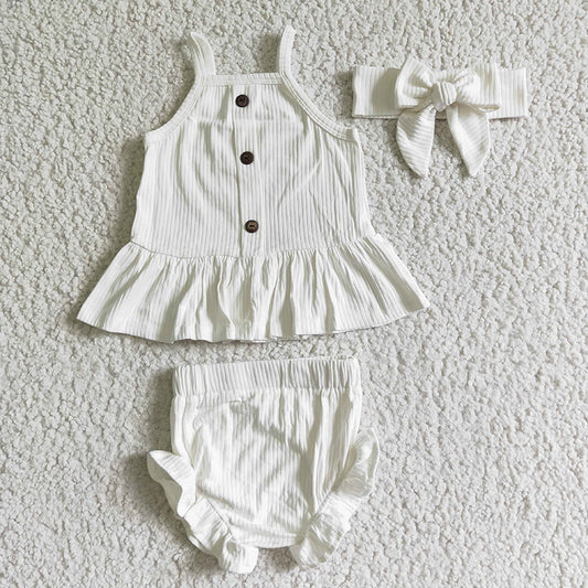 GBO0055 Baby Girl White Cotton + Headband Bummies Outfit