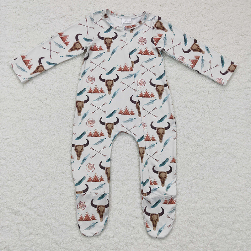 LR0223 Baby Kids Newborn Western Cow Zipper Romper Footed Coverall