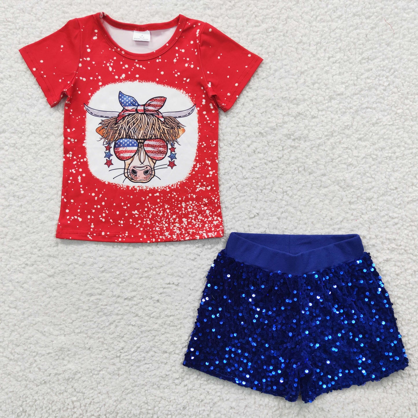 Baby Girl Kids July 4th Short Sleeves Cow Shirt Blue Glitter Sequins With Lining Shorts Outfit