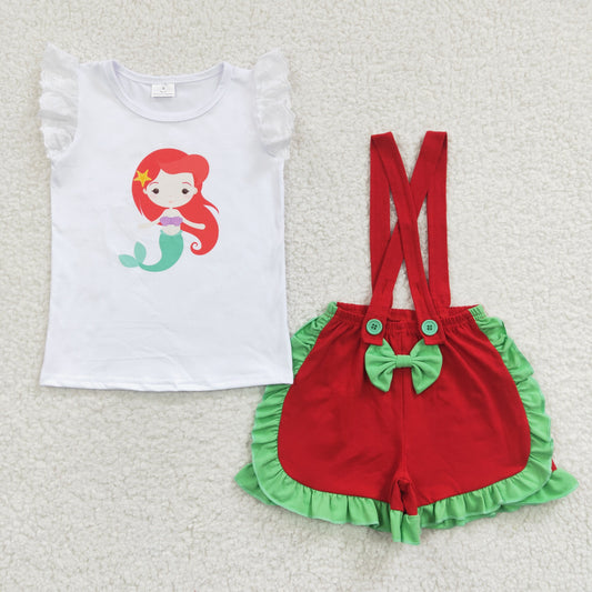 C3-11 Baby Girl Short Sleeves Princess Shirt Suspender Shorts Summer Outfit