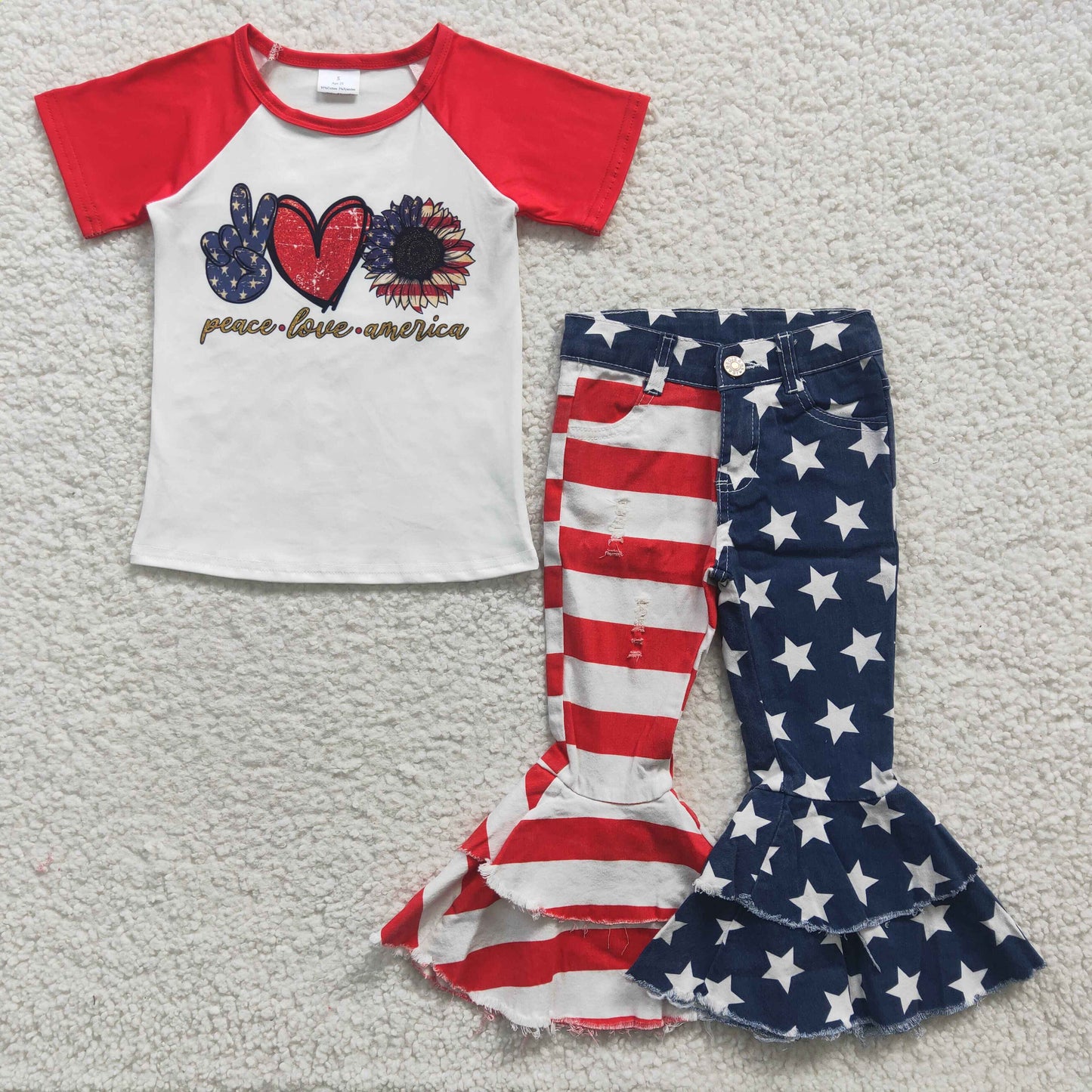 Baby Girl July 4th Short Sleeves Shirt Striped Star Denim Pants Jeans Outfit