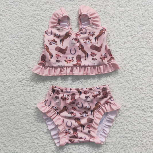 S0107 Baby Girl Western Boot Horse Floral Swimsuit Summer Bathing Suit Outfit