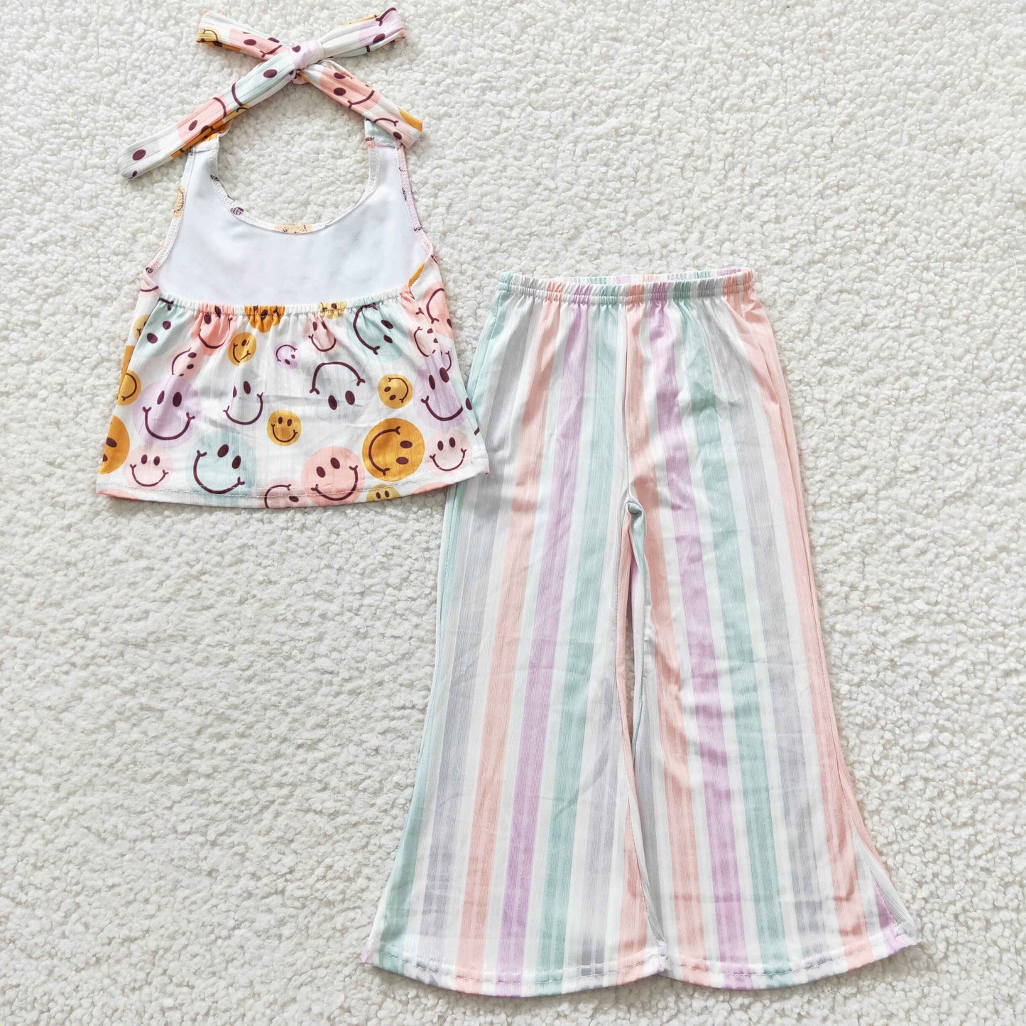 GSPO0580 Baby Girl Floral Halter Top Striped Bell Pants Flower Outfit