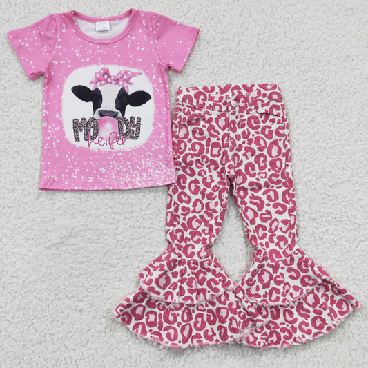 Baby Girl Western Moody Cow Short Sleeves Shirt Pink Leopard Denim Pants Outfit