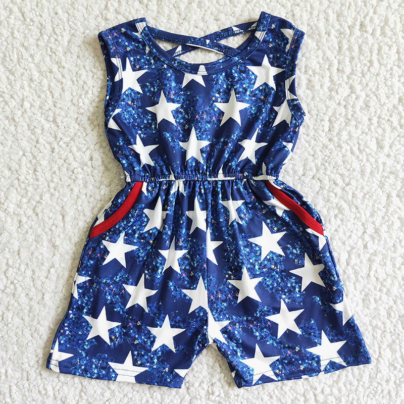 SR0028 July 4th Baby Girl Summer Stars One-piece Tunic Jumpsuit