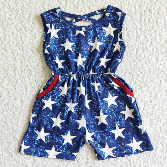 SR0028 July 4th Baby Girl Summer Stars One-piece Tunic Jumpsuit