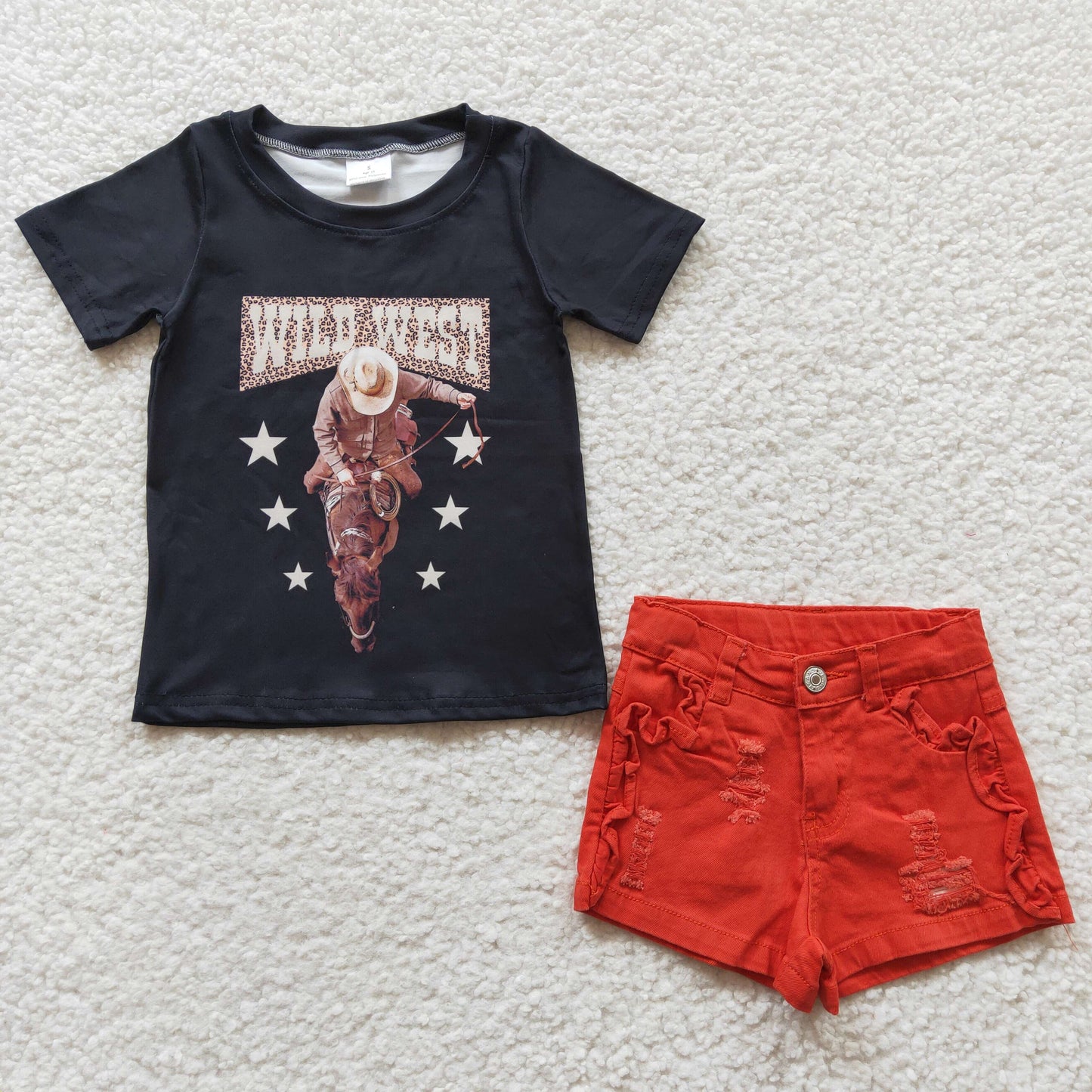 Baby Girl Western Short Sleeves Rodeo Shirt Denim Shorts Outfit