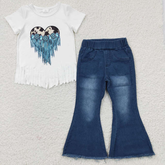 Baby Girl Western Short Sleeves Tassel Shirt Denim Pants Jeans Outfit