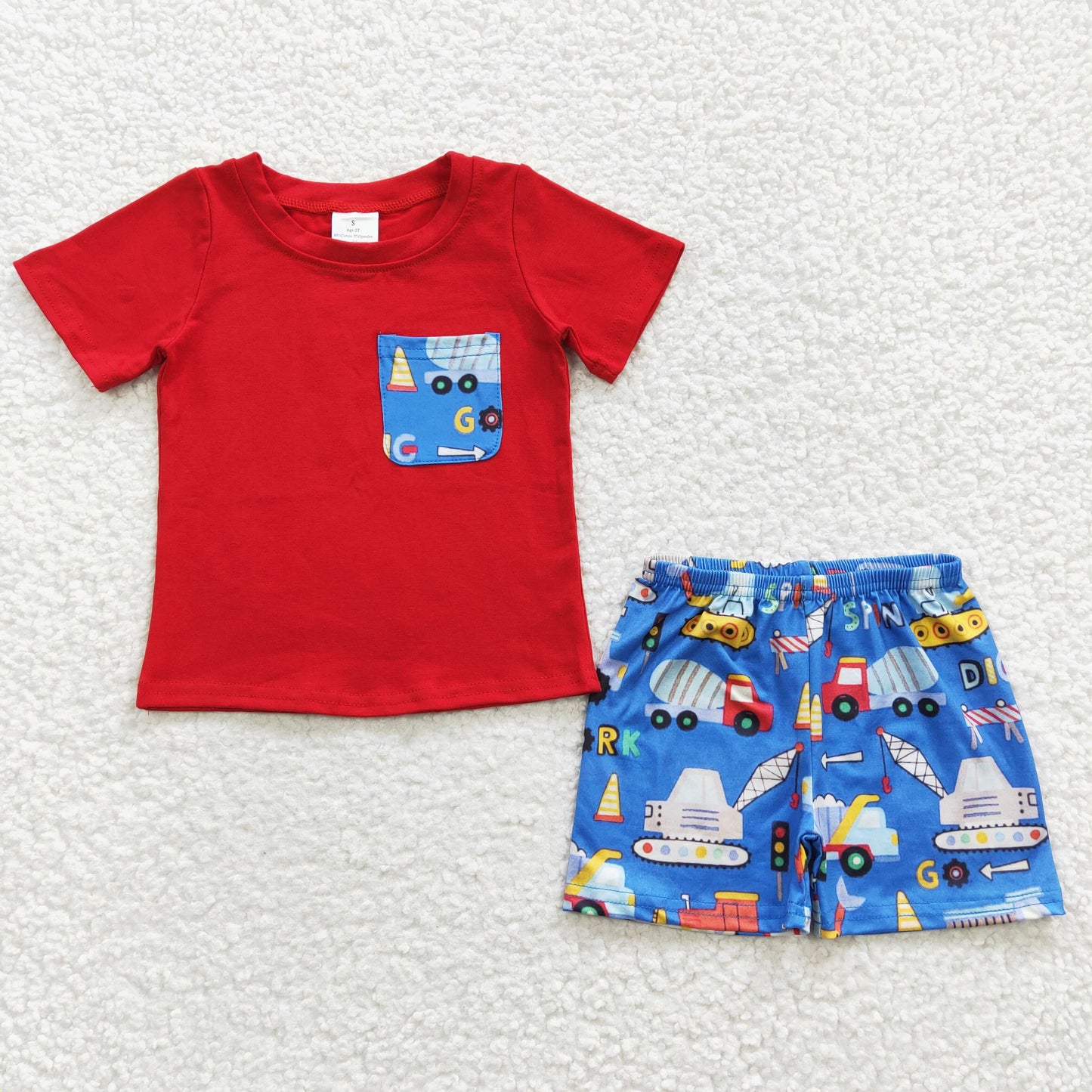 BSSO0233 Baby Boy Pocket Red Short Sleeves Shirt Construction Shorts Summer Outfit
