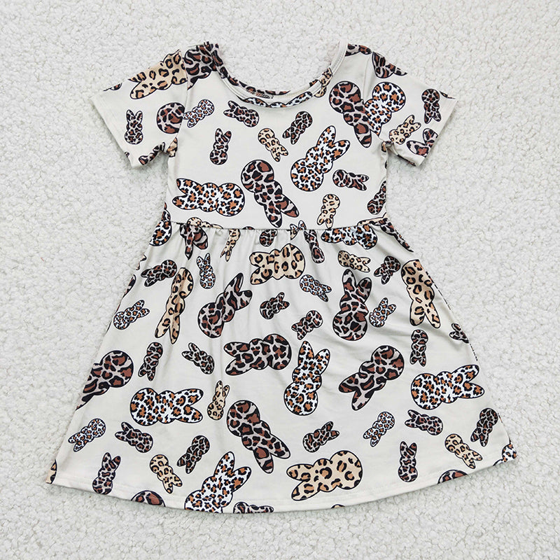 GSD0227 Baby Girl Easter Rabbit Bunny Short Sleeves Leopard Dress