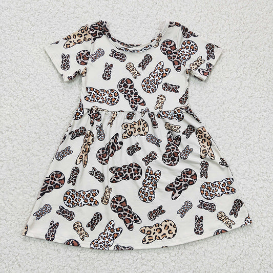 GSD0227 Baby Girl Easter Rabbit Bunny Short Sleeves Leopard Dress