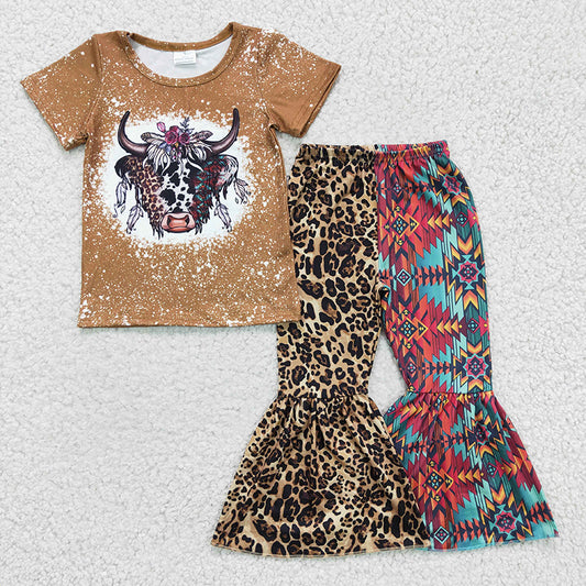GSPO0263 Baby Girl Western Cow Leopard Bell Pants Outfit