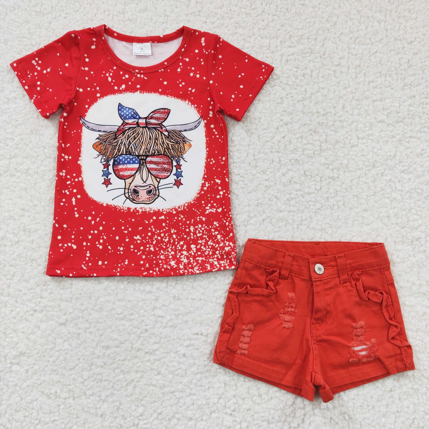 Baby Girl Western Cow Red Short Sleeves Shirt Denim Shorts Outfit