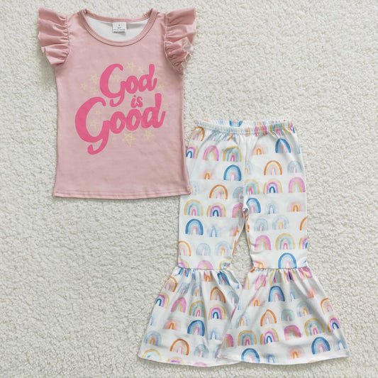 GSPO0479 Baby Girl God Good Short Sleeves Rainbow Bell Pants Outfit
