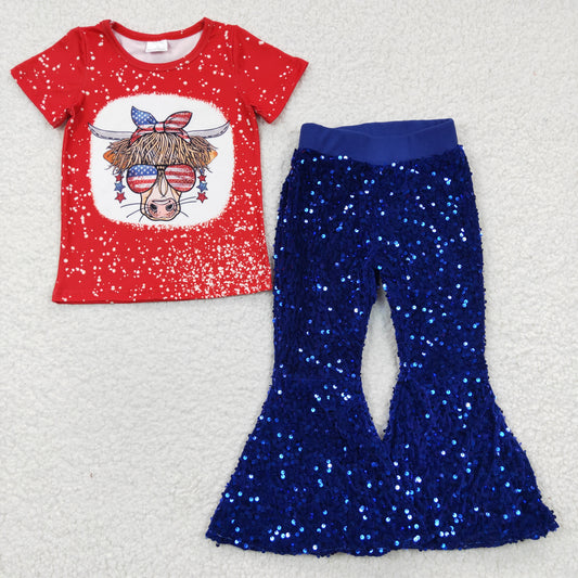 Baby Girl Kids Western Short Sleeves Cow Shirt Blue Sequins Pants July 4th Outfit