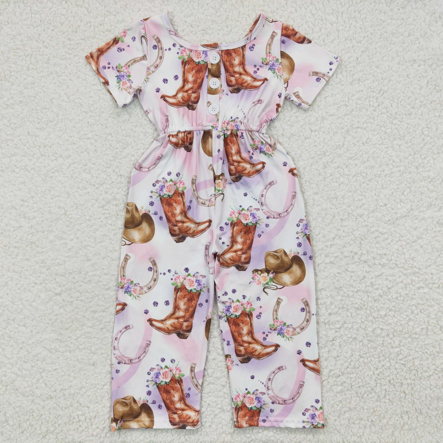 SR0225 Baby Girl Western Boots Floral Short Sleeves Pocket Jumpsuit