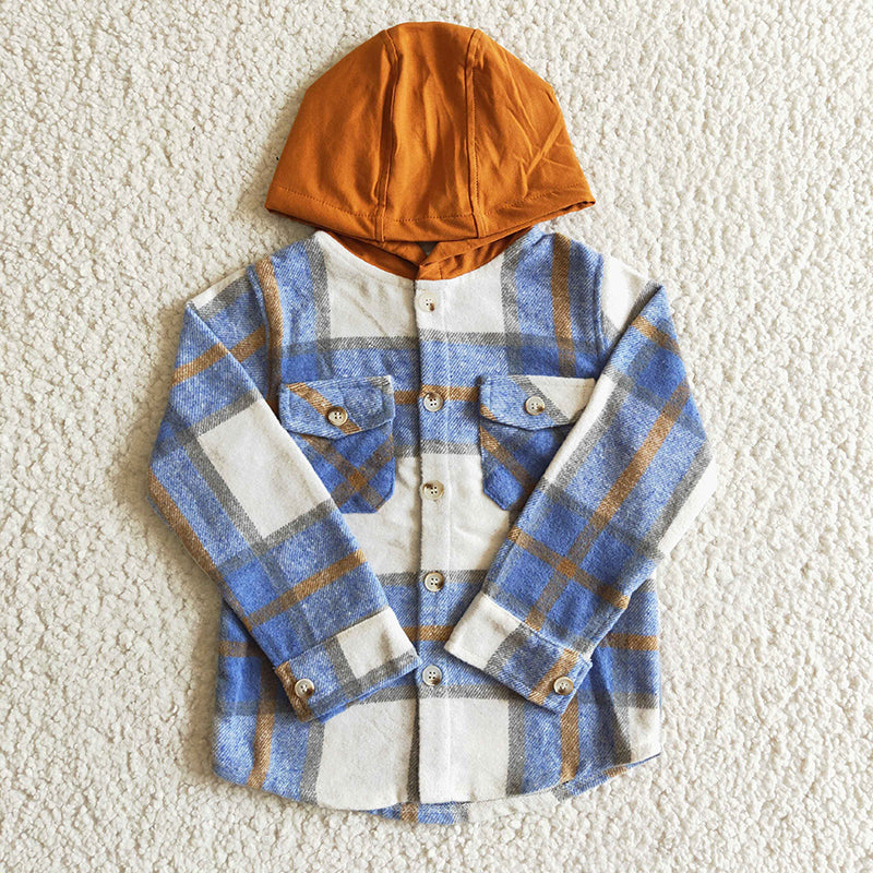 BT0074 Baby Boy plaid cotton shirt pocket flannel button up hoodie
