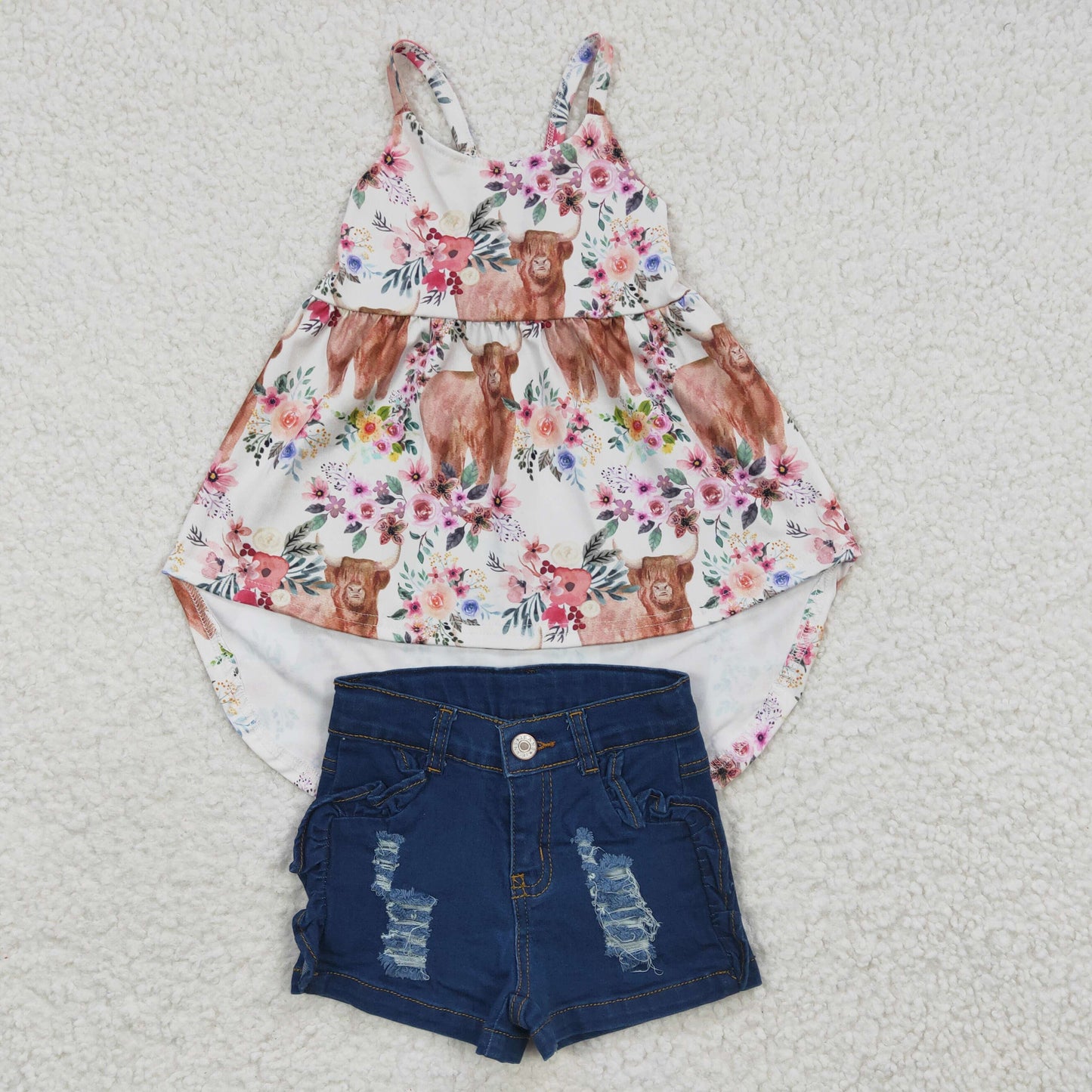 Baby Girl Kids Western Highland Cow Floral Top Denim Shorts Outfit