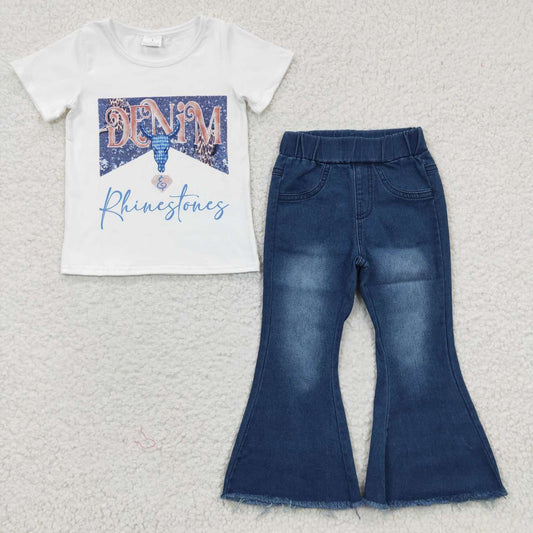 Baby Girl Western Cow Short Sleeves Shirt Denim Pants Jeans Outfit