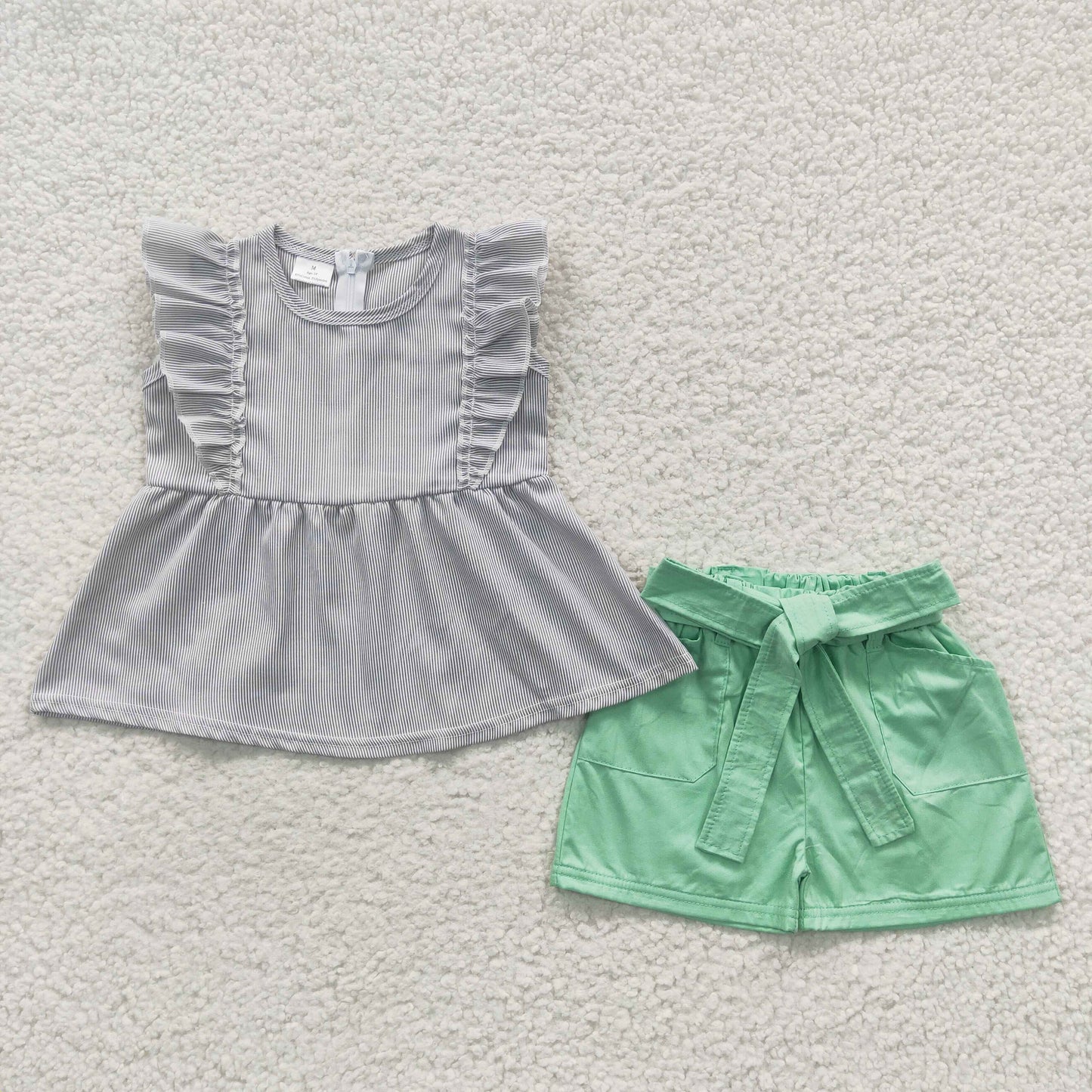 A9-22 Baby Girl Short Sleeves Striped Woven Tunic Pocket Green Shorts Summer Outfit