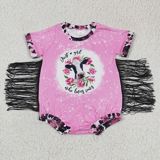 SR0105 Baby Girl Just A Girl Who Loves Cows Kids Floral Fringe Western Pink Romper