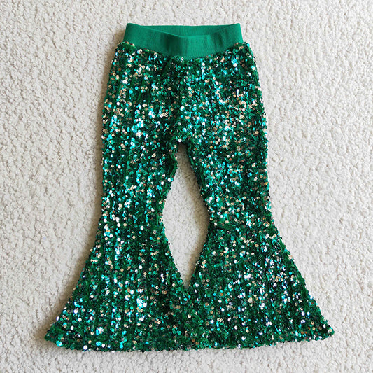 P0033 Baby Girl Green Glitter Sequins With Lining Bell Pants
