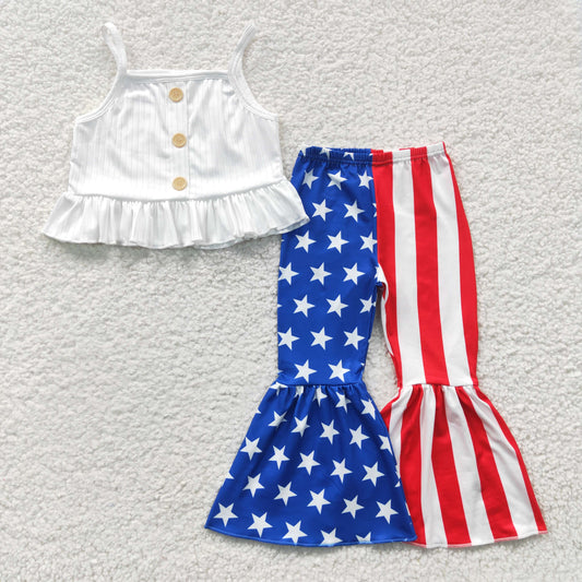 GSPO0480 July 4th Baby Girl Halter Top Striped Stars Bell Pants Outfit