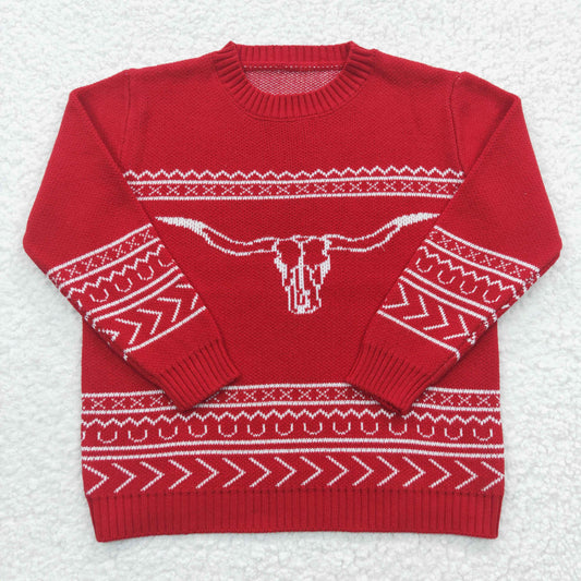 BT0218 Kids Western Cow Red Winter Fall Sweater
