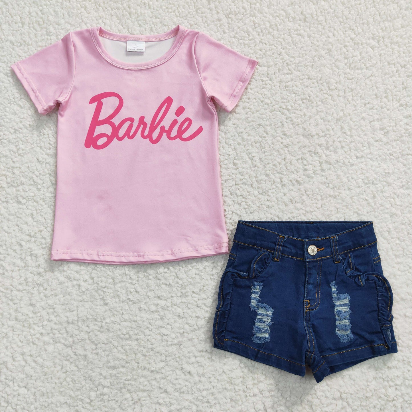 Baby Girl Pink Short Sleeves Letter Shirt Denim Shorts Outfit