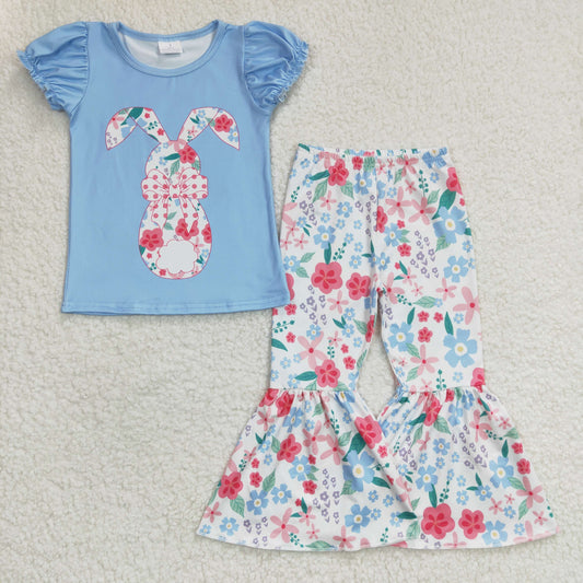 GSPO0460 Baby Girl Easter Short Sleeves Floral Rabbit Bunny Shirt Flower Bell Pants Outfit