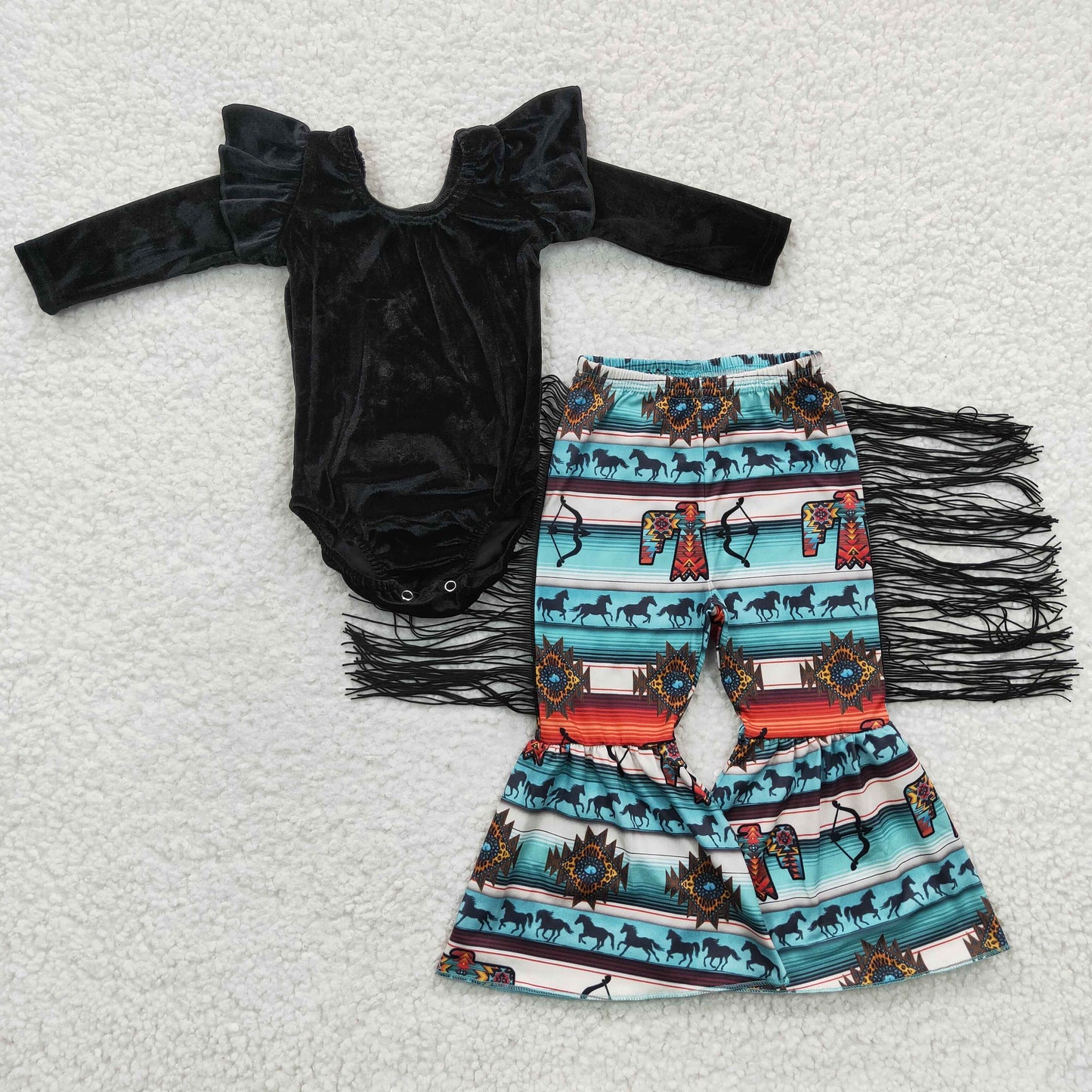 Baby Girl Western Black Velvet Tassel Bell Pants Outfit