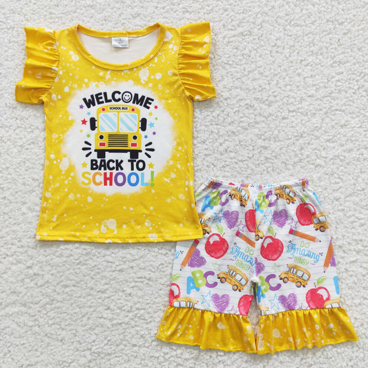 GSSO0284 Baby Girl Short Sleeves Bus Shorts Back To School Outfit