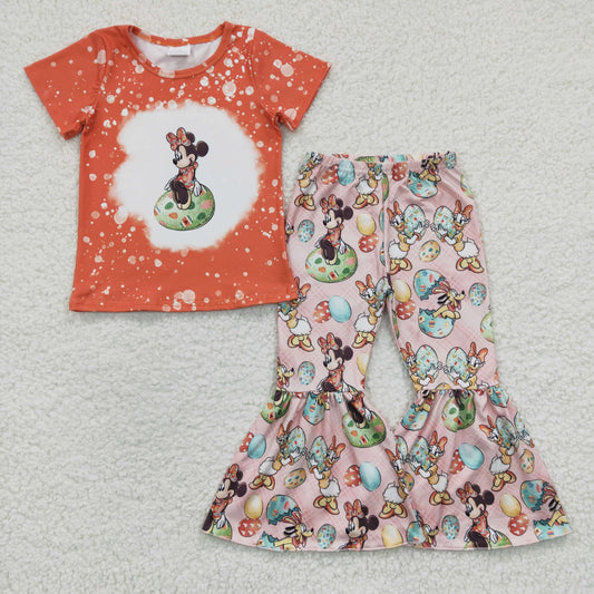 GSPO0425 Baby Girl Easter Short Sleeves Shirt Cartoon Bell Pants Outfit