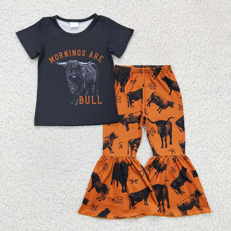 GSPO0286 Baby Girl Mornings are bull Western Cow Bell Pants Set