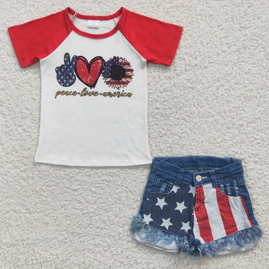 Baby Girl Kids July 4th Short Sleeves Shorts Star Striped Denim Shorts Outfit