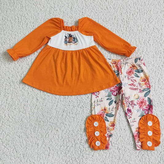 Promotion Baby Girl Embroidery Pumpkin Orange Tops Pants Outfit