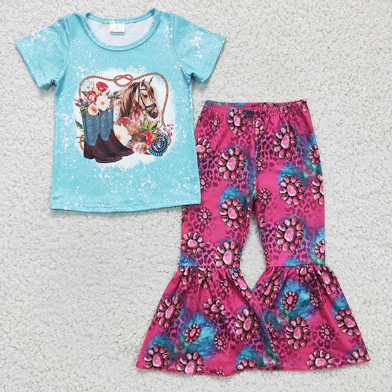 GSPO0312 Baby Kids Western Horse Boots Girl Bell Pants Set