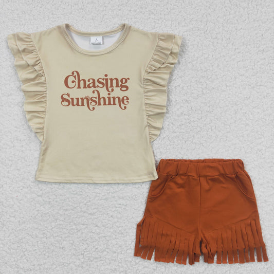 GSSO0213 Baby Girl Short Sleeves Shirt Brown Tassel Pocket Shorts Summer Outfit