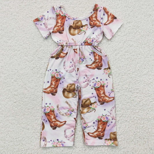 SR0225 Baby Girl Western Boots Floral Short Sleeves Pocket Jumpsuit