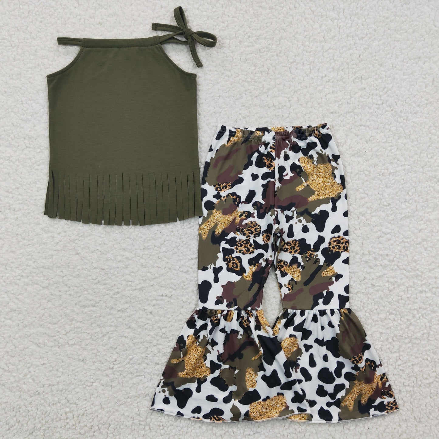 GSPO0300 Baby Girl Tassel Tank Western Cow Print Camo Bell Pants Outfit