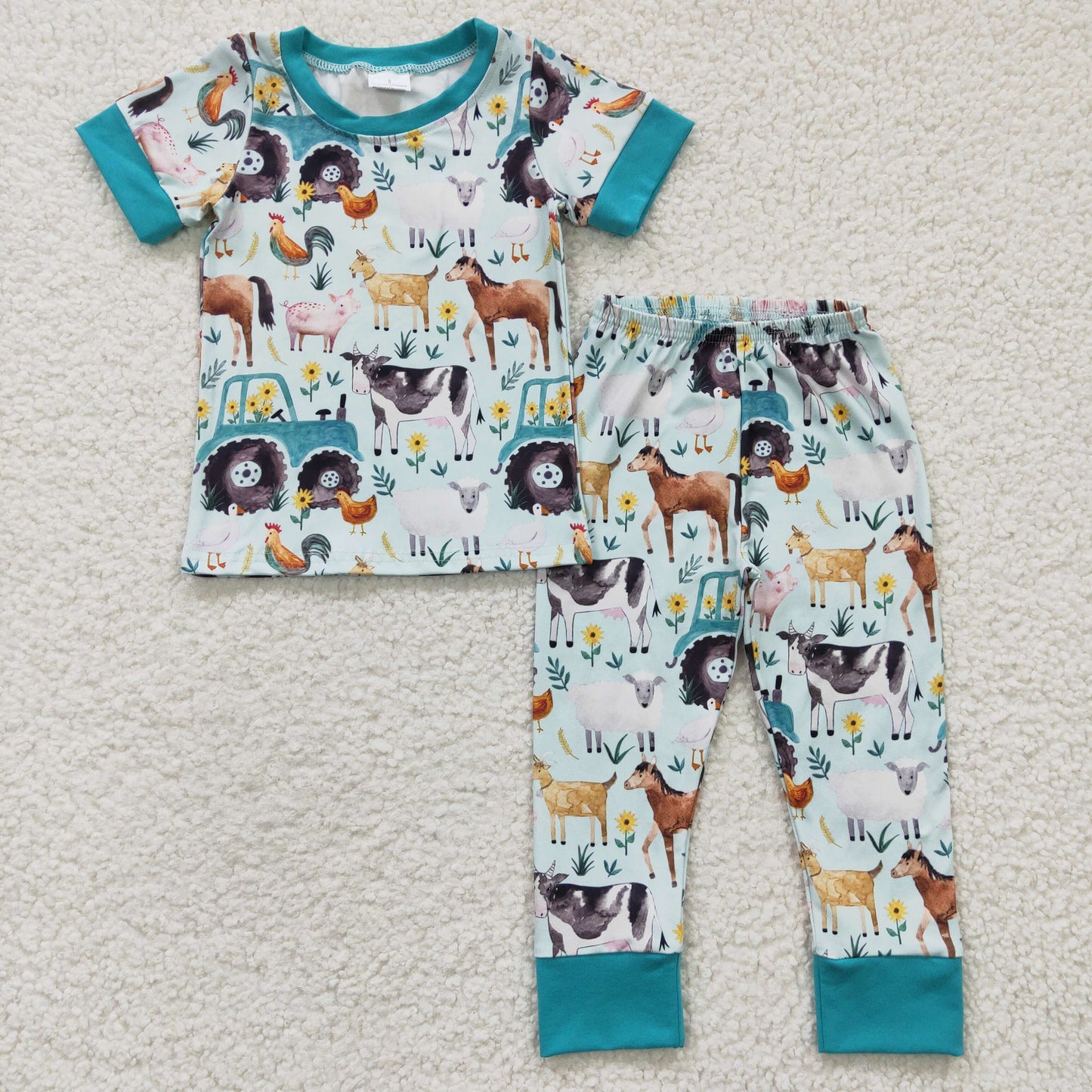 BLP0150 Baby Boy Farm Short Sleeves Shirt Pants Pajamas Animal Set