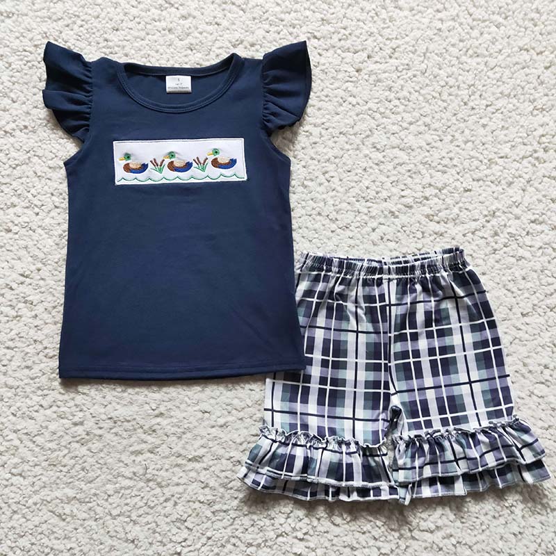 GSSO0156 Baby Girl Embroidery Duck Cotton Shirt Plaid Shorts Summer Outfit