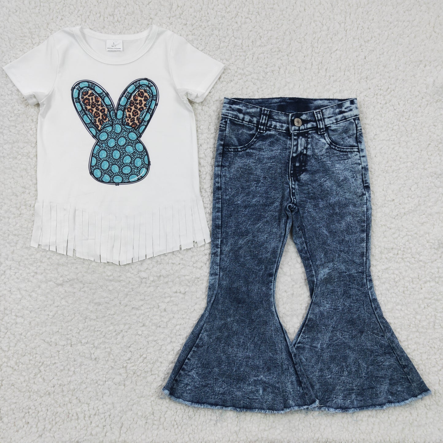 Baby Girl Easter Rabbit Short Sleeves Shirt Denim Pants Outfit